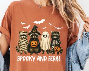 Comfort Colors® Spooky and Feral Raccoon Halloween Tee: Funny Witch Animal Tee, Cute Creepy for Fall, Raccoon Witch Tee, Spooky Season Shirt