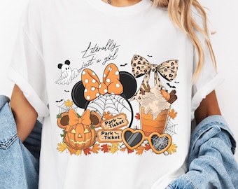 Comfort Colors® Literally Just A Girl Shirt, Minnie Bow Coffee Tee, Disney Pumpkin Fall Tee, Disneyland Halloween Tee, Disney Girl's Trip