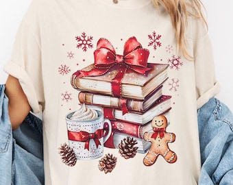 Comfort Colors® Christmas Books Shirt, Gingerbread Books and Cocoa Shirt - Christmas Holiday Book Lover Gift - Bookish Cozy Shirt