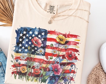 Comfort Colors® bloemenshirt Amerikaanse vlag, bloemenshirt 4 juli, Independence Day-shirt, patriottisch shirt, shirt Amerikaanse vlag, cadeau voor haar