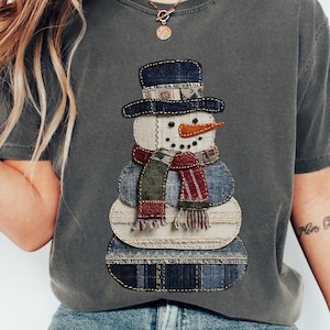Comfort Colors® Faux Patchwork Snowman Shirt, Patchwork Christmas Tee, Christmas Faux Patchwork Shirt, Gift for Christmas, Holiday Crewneck