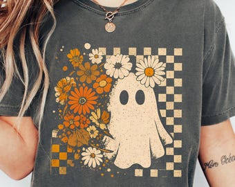 Comfort Colors® Checkered Ghost Shirt, Halloween Floral Ghost Shirt, Cute Fall Shirt, Cottagecore Ghost Tee
