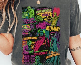 Comfort Colors® Vintage Universal Monsters T-Shirt, Retro Horror Movie Graphic Tee, 90s Gothic Horror Aesthetic Tee Big Print