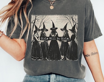 Comfort Colors® Vintage Girls Will Be Girls Witch Shirt, Funny Witch Vintage Shirt, Vintage Halloween Women Shirt, Witchy Vibes Shirt