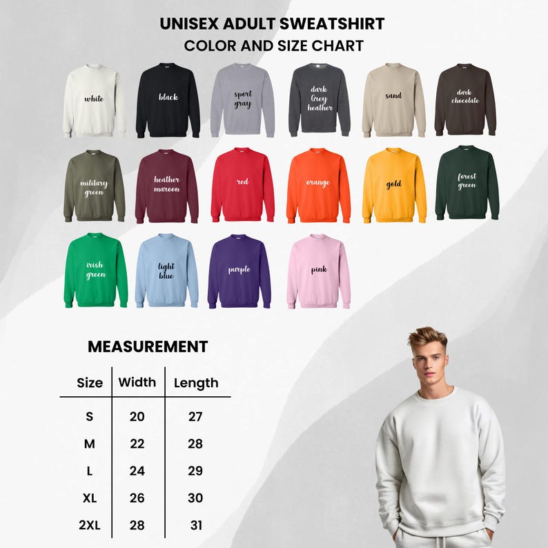 Op de afbeelding: Een kleuren- en maattabel voor unisex sweatshirts voor volwassenen. De tabel toont verschillende kleuren, waaronder wit, zwart, rood en groen. Een maattabel toont maten S tot 2XL met breedte en lengte in cm.