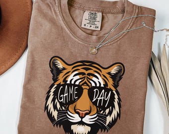 Comfort Colors® Tigers with Game Day Glasses, Game Day Mascot Shirt, Football Shirt, Football Mom Shirt, Cute Game Day Tshirt, Mascot Tshirt