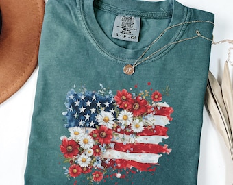 Comfort Colors® Floral American Flag Shirt, 4th of July Shirt, Independence Day Shirt, Patriotic Shirt, USA Flag Shirt, Gift for Her