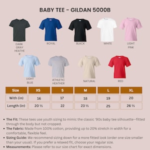 May include: A product image showcasing a variety of baby tees in different colors: dark gray, royal blue, black, white, light pink, light blue, athletic heather, natural, and red. The size chart shows widths from 16 to 20 inches and lengths from 20.5 to 26.5 inches.