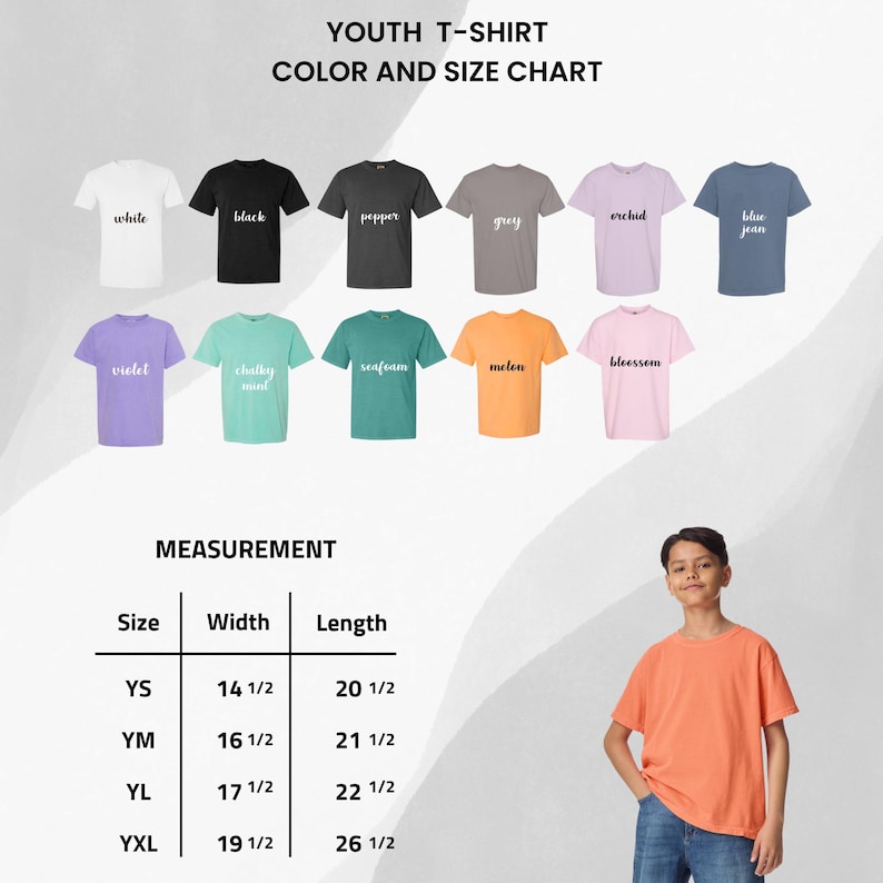 May include: Youth t-shirt size chart with color options. The chart shows the size, width, and length of the shirts in inches. The colors include white, black, pepper, grey, orchid, blue jean, violet, chalky mint, seafoam, melon, and blossom.