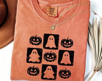 Camisa de Halloween a cuadros Comfort Colors®, Camisa de fantasma a cuadros, Camisa de calabaza a cuadros, Camisa de Halloween, Camisa retro de Halloween, Camiseta de otoño
