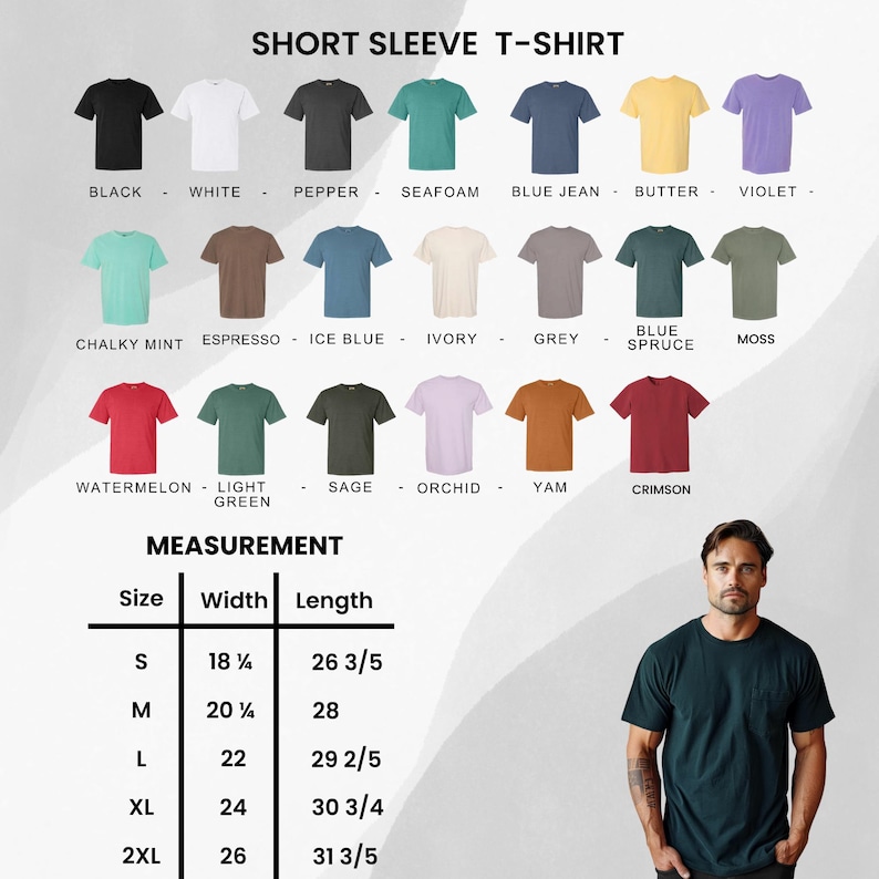 Puede incluir: Una exhibici&oacute;n de camisetas de manga corta en varios colores, incluyendo negro, blanco y azul vaquero. La imagen incluye una tabla de medidas con tallas que van de la S a la 2XL, con anchos de 46.36 cm a 66.04 cm y largos de 67.63 cm a 80.96 cm.