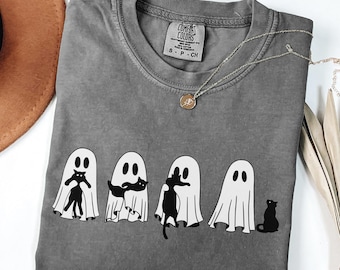 Comfort Colors® Halloween svart katt & spöke-tröja, Halloween spöke-tröja, läskig säsongskatt-tröja, söt Halloween-outfit för kvinnor, Halloween-present