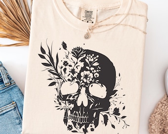 Comfort Colors® Floral Skeleton Shirt, Halloween Skull T-Shirt, Boho Spooky Tee, Large Skull with Flowers Graphic Image Vintage Fall TShirt