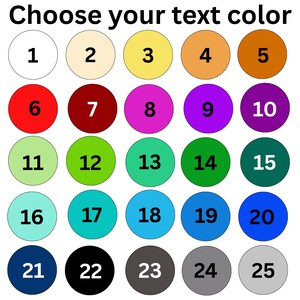 Puede incluir: Imagen que muestra una tabla de colores con 25 c&iacute;rculos numerados en varios colores. El texto "Elige el color de tu texto" est&aacute; en la parte superior. Cada c&iacute;rculo est&aacute; numerado del 1 al 25, con colores que incluyen blanco, beige, amarillo, naranja, marr&oacute;n, rojo, granate, rosa, morado y m&aacute;s.