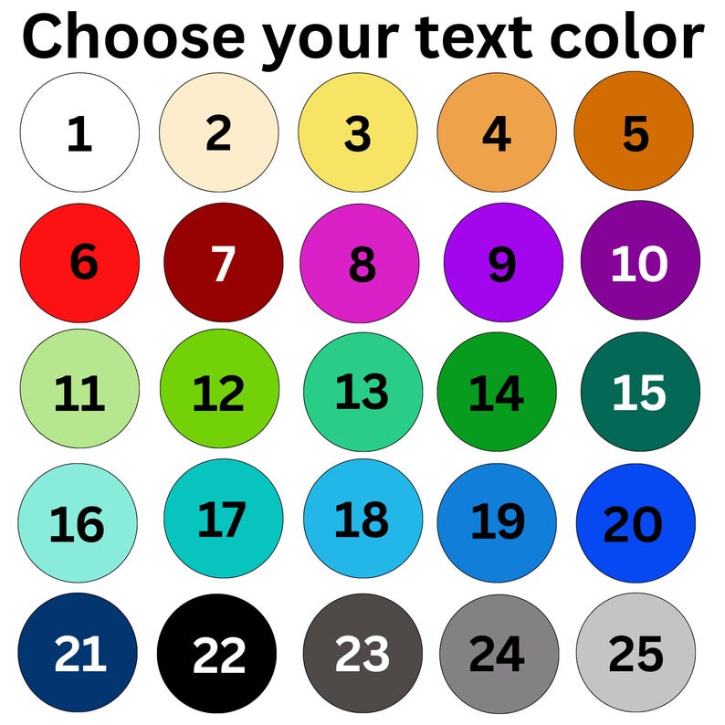 Puede incluir: Imagen que muestra una tabla de colores con 25 c&iacute;rculos numerados en varios colores. El texto "Elige el color de tu texto" est&aacute; en la parte superior. Cada c&iacute;rculo est&aacute; numerado del 1 al 25, con colores que incluyen blanco, beige, amarillo, naranja, marr&oacute;n, rojo, granate, rosa, morado y m&aacute;s.