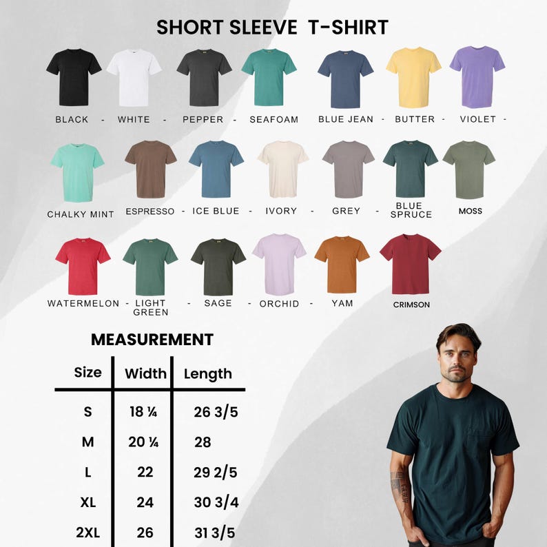 K&ouml;nnte beinhalten: Darstellung von Kurzarm-T-Shirts in verschiedenen Farben, darunter Schwarz, Wei&szlig; und Jeansblau. Das Bild zeigt auch eine Gr&ouml;&szlig;entabelle mit Gr&ouml;&szlig;en von S bis 2XL, mit Breiten- und L&auml;ngenma&szlig;en in Zentimetern.