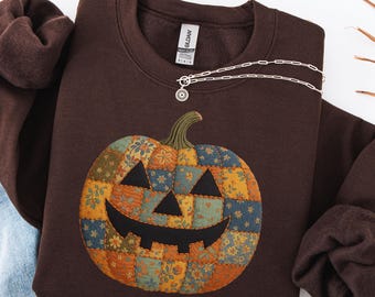 Bluza z nadrukiem dyni na Halloween w stylu retro patchwork, koszulka z dynią na Halloween, sweter na upiorny sezon, uroczy strój damski na Halloween, prezent na Halloween