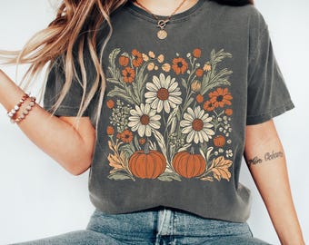Camisa de calabaza floral de otoño Comfort Colors®, camisa de calabaza con flores, camiseta con gráfico estético de otoño, camisa de calabaza bohemia, camisa vintage de otoño