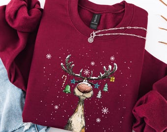 Sudadera vintage de reno, sudadera navideña bonita, sudadera retro de reno, sudadera navideña, sudadera navideña de reno