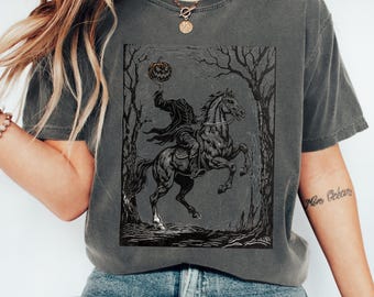 T-shirt unisexe Halloween cavalier sans tête Comfort Colors®, vêtements d'automne, t-shirt costume effrayant, chemise festive d'octobre, cadeau pour amoureux de l'horreur
