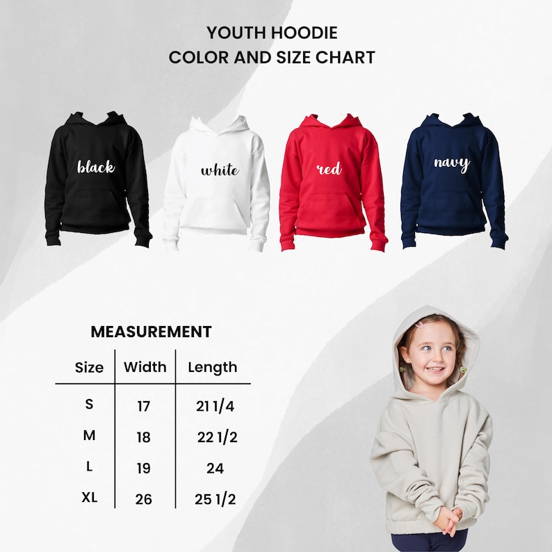 Op de afbeelding: Een kleuren- en maattabel voor kinderhoodies toont zwarte, witte, rode en marineblauwe hoodies. De tabel bevat afmetingen voor de maten S, M, L en XL, met afmetingen in cm. Een jong meisje draagt een hoodie.