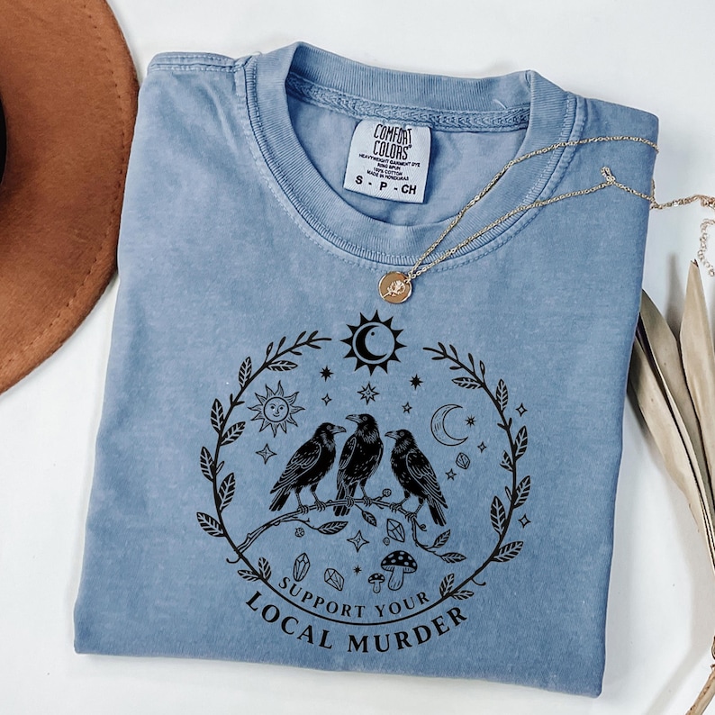 Comfort Colors® Support Your Local Murder Shirt for Crow Lovers, Nature Lovers, Funny Crow Shirt, Goblincore Shirt, Lunar Phase Shirt image 3