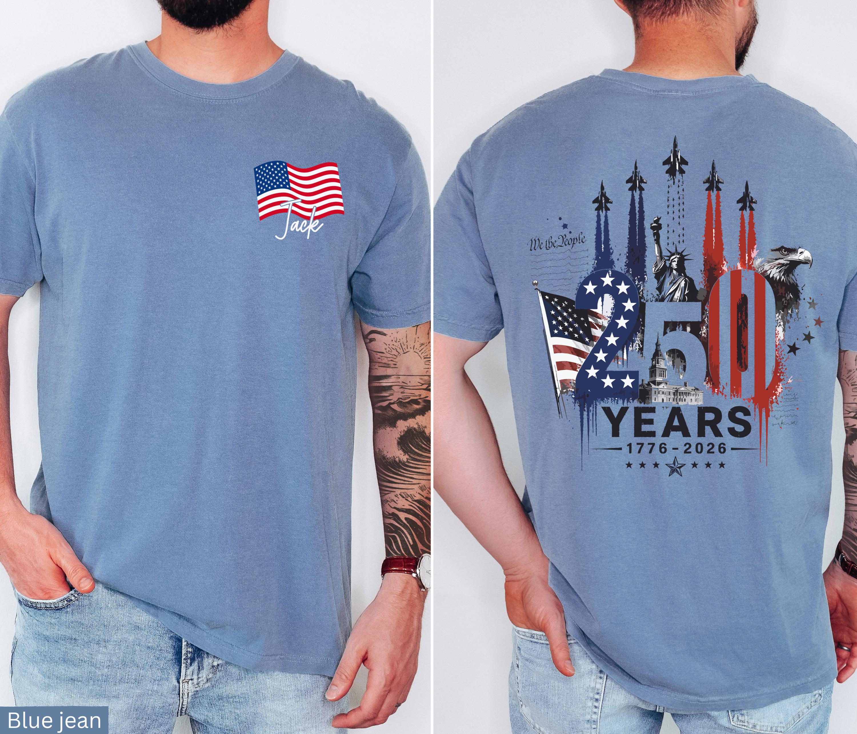 Discover America 250 Fighter Jet Double Sided T-Shirt with Patriotic Graphics, 1776-2026 4th of July Tee