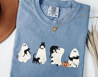 Comfort Colors® Halloween svart katt & spöke-tröja, Halloween spöke-tröja, läskig säsongskatt-tröja, söt Halloween-outfit för kvinnor, Halloween-present