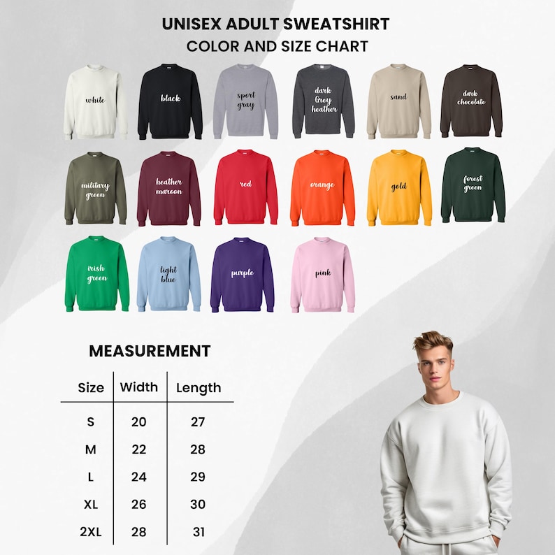 Puede incluir: Una tabla de colores y tallas para sudaderas unisex para adultos. La tabla muestra varios colores, incluyendo blanco, negro, gris y rojo. Se proporcionan detalles de medici&oacute;n, con tallas que van de la S a la 2XL, y anchos de 50.8 a 71.1 cm, y largos de 68.6 a 78.7 cm.