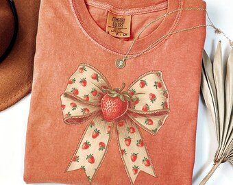 Comfort Colors® Strawberry Shirt Coquette Bow Strawberry Aesthetic Shirt voor dames Trendy Strawberry Festival Shirt Vintage Aardbeien T-shirt