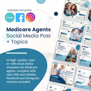 May include: A promotional image for Medicare agents featuring social media templates. The design includes the Canva, Facebook, and Instagram logos, along with the text "Medicare Agents Social Media Post + Topics". The image also includes sample social media posts.