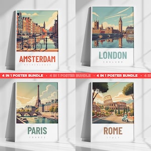 4 City Vintage Travel Poster Set – Amsterdam, London, Paris & Rome Wall Art | Retro Europe City Prints for Home Decor