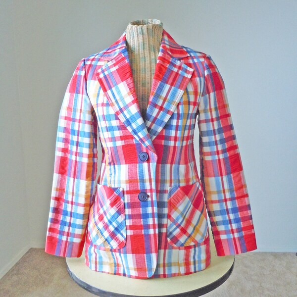 Vintage 1960s Seersucker Plaid Red White and Blue blazer jacket