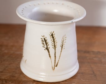 White earring jar with brown grass accent