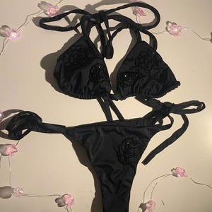 Beaded triangle Bikini summer fit for beach,black bikini flower hibiscus embroidered
