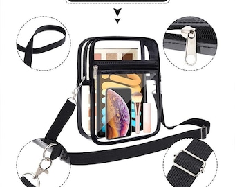 May include: Clear crossbody bag with black trim and a black adjustable strap. The bag has a zippered main compartment and a front pocket. The bag contains a tablet, makeup, and a phone. The text "Detail Display" is at the top.
