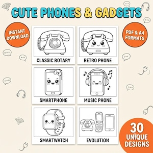 Könnte beinhalten: Ein Malbuch-Set mit dem Titel CUTE PHONES & GADGETS mit sechs schwarz-weißen Strichzeichnungen: ein klassisches Wählscheibentelefon, ein Retro-Telefon, ein Smartphone mit Schleife, ein Musik-Handy mit Kopfhörern, eine Smartwatch und eine Evolutionsreihe.