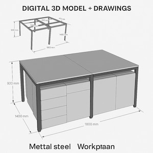 May include: A digital 3D model and drawings of a metal steel workstation. The workstation is gray with a rectangular top, cabinets, and drawers. The dimensions are shown in millimeters, with the table measuring 180 cm long and 140 cm wide.