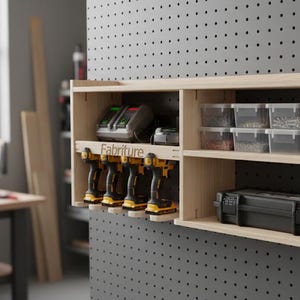 May include: A wooden wall-mounted storage unit with multiple compartments. The unit holds power tools, batteries, and clear plastic containers. The brand name "Fabriture" is visible. The unit is mounted on a gray pegboard wall.