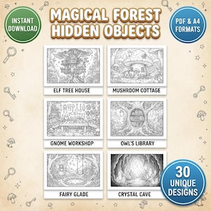 Könnte beinhalten: Ein digitales Malbuch mit dem Titel Magical Forest Hidden Objects mit 30 einzigartigen Designs. Die Seite zeigt sechs schwarz-weiße Strichzeichnungen mit den Bezeichnungen Elf Tree House, Mushroom Cottage, Gnome Workshop, Owl's Library, Fairy Glade und Crystal Cave.