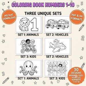 以下が含まれることがあります： 数字1〜10の塗り絵デジタルブックで、動物、乗り物、子供の3つのユニークなセットが含まれています。コレクションにはPDFおよびA4形式の30種類のデザインがあります。白黒のイラストには、ライオン、スクールバス、三輪車に乗る子供たち、魚のついた飛行機、タコ、パーティーをしている子供たちのグループが描かれています。