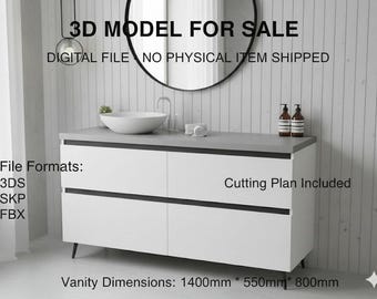 Planos de tocador de baño en 3D | Archivo digital | Mueble moderno con lavabo doble | Lista de cortes y archivos CAD 3DS SKP FBX