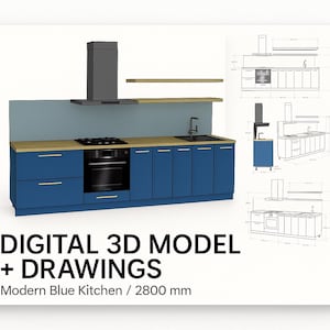 Puede incluir: Modelo 3D digital y dibujos de una cocina azul moderna. La cocina cuenta con armarios azules, un horno negro, una placa de cocina y una campana extractora. La cocina mide 280 cm de largo. Se muestran planos adicionales.