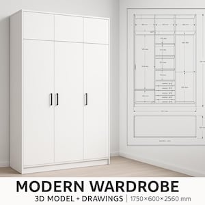 Puede incluir: Un armario moderno blanco con cuatro puertas y tiradores negros. La imagen incluye un diagrama detallado con medidas en milímetros. El texto en la parte inferior dice "MODERN WARDROBE 3D MODEL + DRAWINGS 1750x600x2560 mm".
