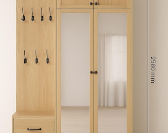 Armadio moderno per ingresso con ante a specchio e ganci | Armadio per ingresso con panca e contenitore | 1600×492×2560 mm