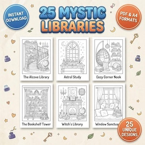 Könnte beinhalten: Eine digitale Sammlung von 25 Mystic Libraries Ausmalbildern mit schwarz-weißen Strichzeichnungen. Das Set enthält Illustrationen mit den Titeln The Alcove Library, Astral Study, Cozy Corner Nook, The Bookshelf Tower, Witch's Library und Window Sanctuary, verfügbar in PDF- und A4-Formaten.