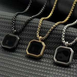 Black Enamel Square Pendant Necklace – Stainless Steel Minimalist Jewelry