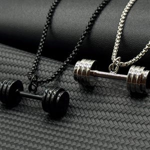 Stainless steel Dumbbell Necklace – Barbell Fitness Pendant for Men & Women – Black or Silver – 60cm Chain, 3.5cm Pendant