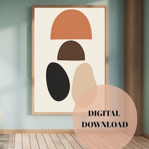 May include: Digital download of an abstract art print featuring geometric shapes in shades of orange, brown, black, and beige. The shapes are arranged in a layered, overlapping pattern.