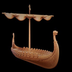 May include: A wooden Viking ship model with a tan sail and a dragon head at the bow. The ship has intricate carvings along the hull and a mast supporting the sail. The background is black.